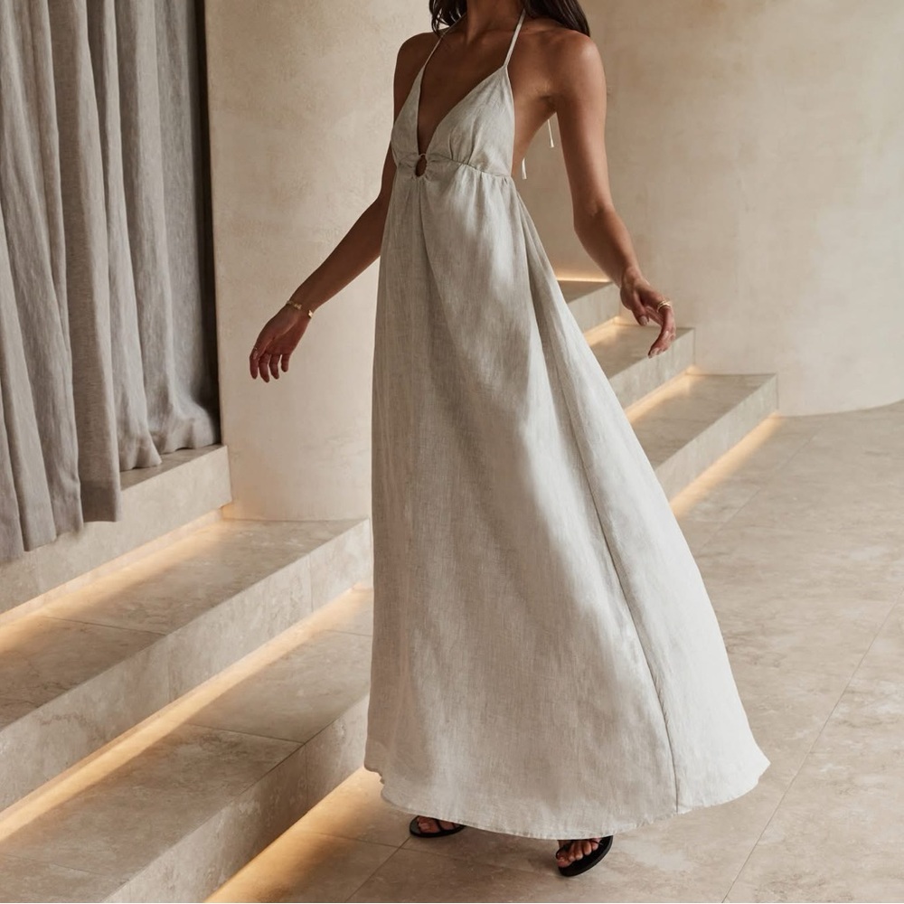 DISSH ELLEN NATURAL LINEN HALTER MIDI DRESS